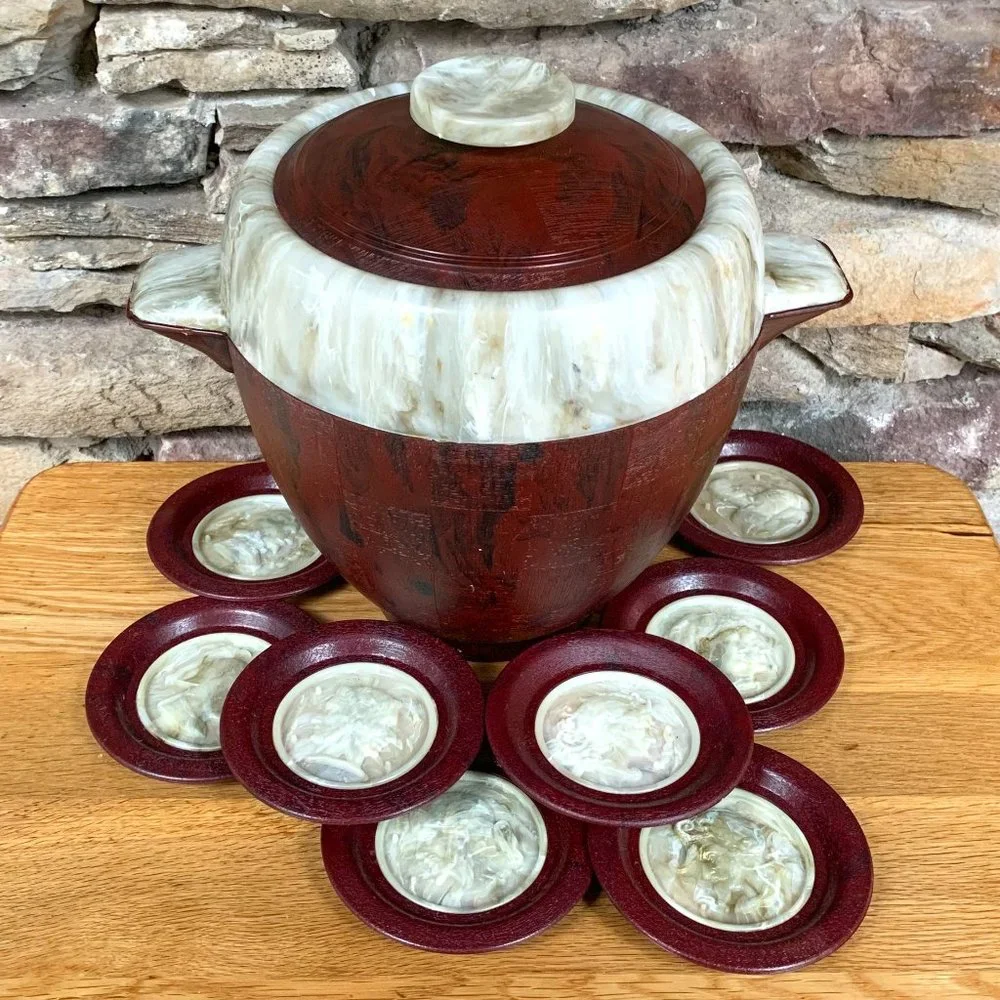 VTG Ice Bucket Mid Century Coasters Faux Wood & Marble MCM 50s Barware Bar Cart